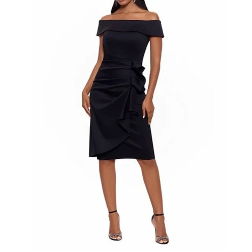Xscape Knee Length Off-The-Shoulder Scuba Side Ruched Navy Dress Size 8P NWT